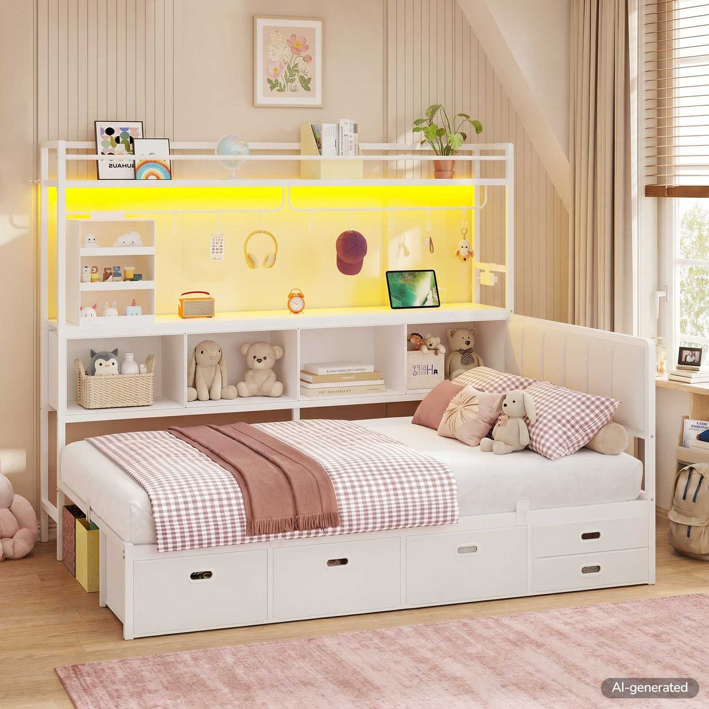 Hasuit | Twin Corner Bed Frame with 5 Drawers and Upper Storage Bookshelf Metal Twin Size Day Bed with Charging Station and LED Lights