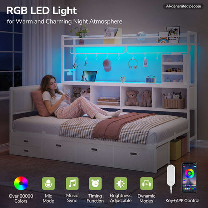 Hasuit | Twin Corner Bed Frame with 5 Drawers and Upper Storage Bookshelf Metal Twin Size Day Bed with Charging Station and LED Lights