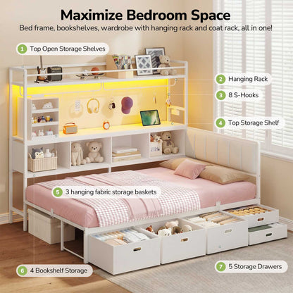 Hasuit | Twin Corner Bed Frame with 5 Drawers and Upper Storage Bookshelf Metal Twin Size Day Bed with Charging Station and LED Lights