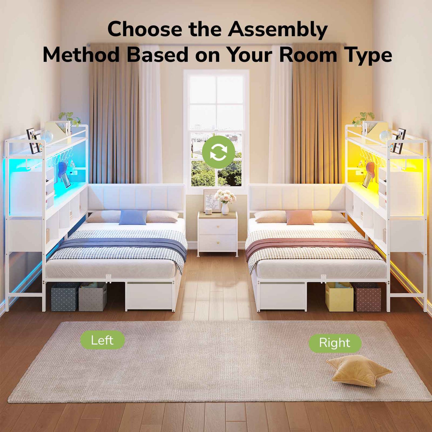 Hasuit | Twin Corner Bed Frame with 5 Drawers and Upper Storage Bookshelf Metal Twin Size Day Bed with Charging Station and LED Lights