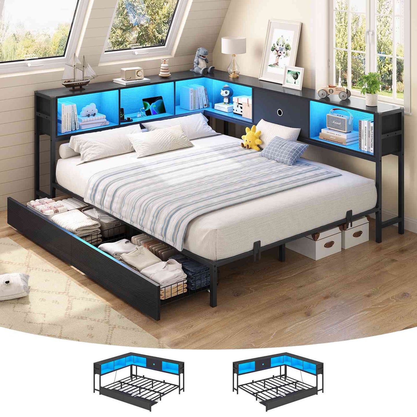 Hasuit | Corner Bed Frame with Storage Bookcase Day Bed with Charging Station and LED Lights Convertible Beds for Kids Teens Black