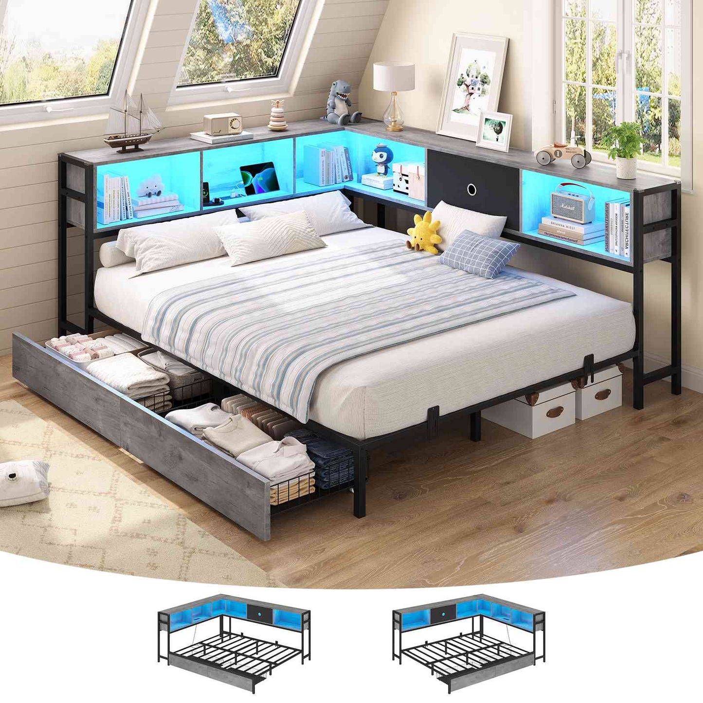 Hasuit | Corner Bed Frame with Storage Drawers and Bookcase Headboard Metal Platform Day Bed with Charging Station and LED Lights Oak Gray