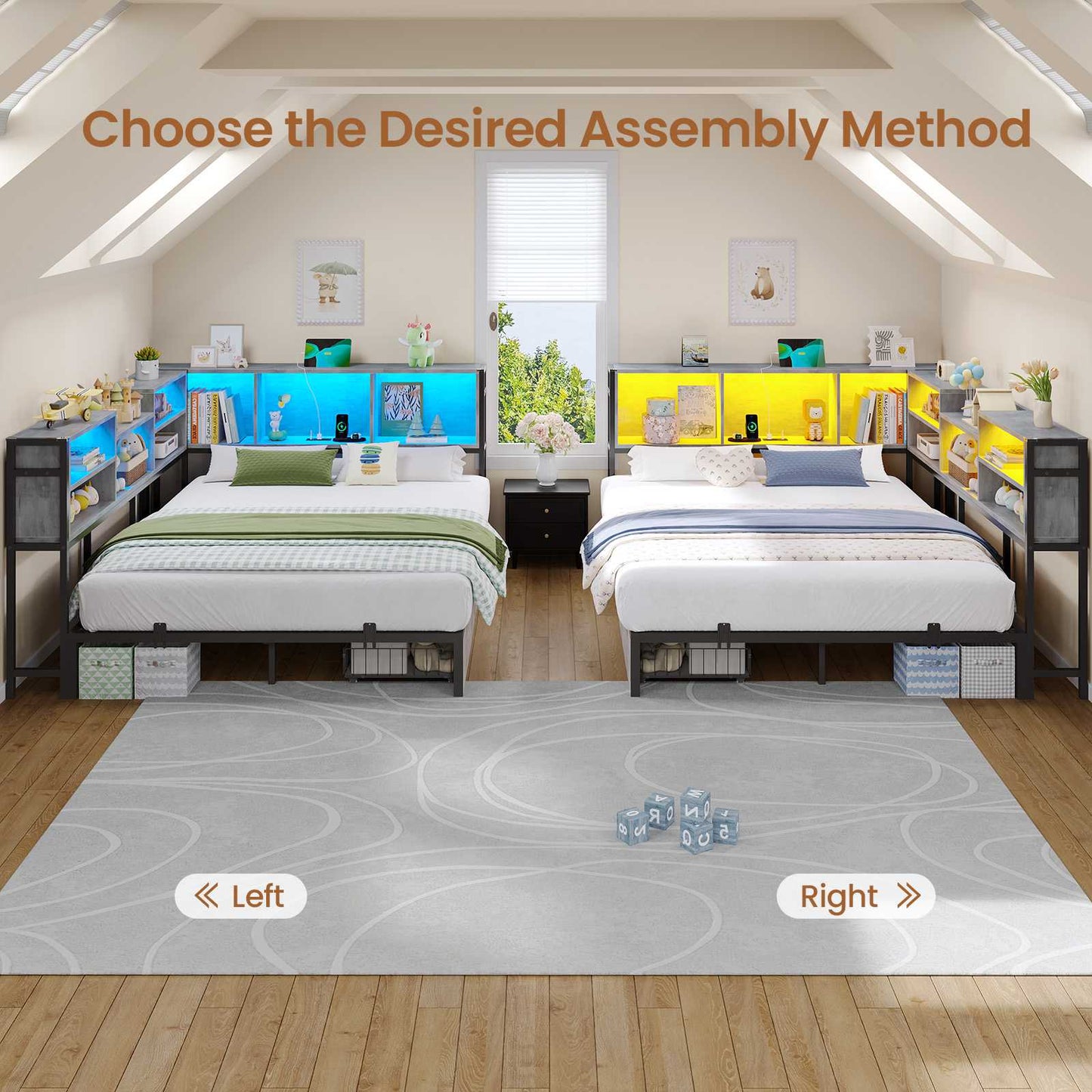 Hasuit | Corner Bed Frame with Storage Bookcase Teenagers Daybed with 2 Underneath Storage Drawers Kids Bed Unit with Charging Station and LED Light Three Sizes Oak Gray