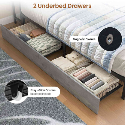 Hasuit | Corner Bed Frame with Storage Bookcase Teenagers Daybed with 2 Underneath Storage Drawers Kids Bed Unit with Charging Station and LED Light Three Sizes Oak Gray