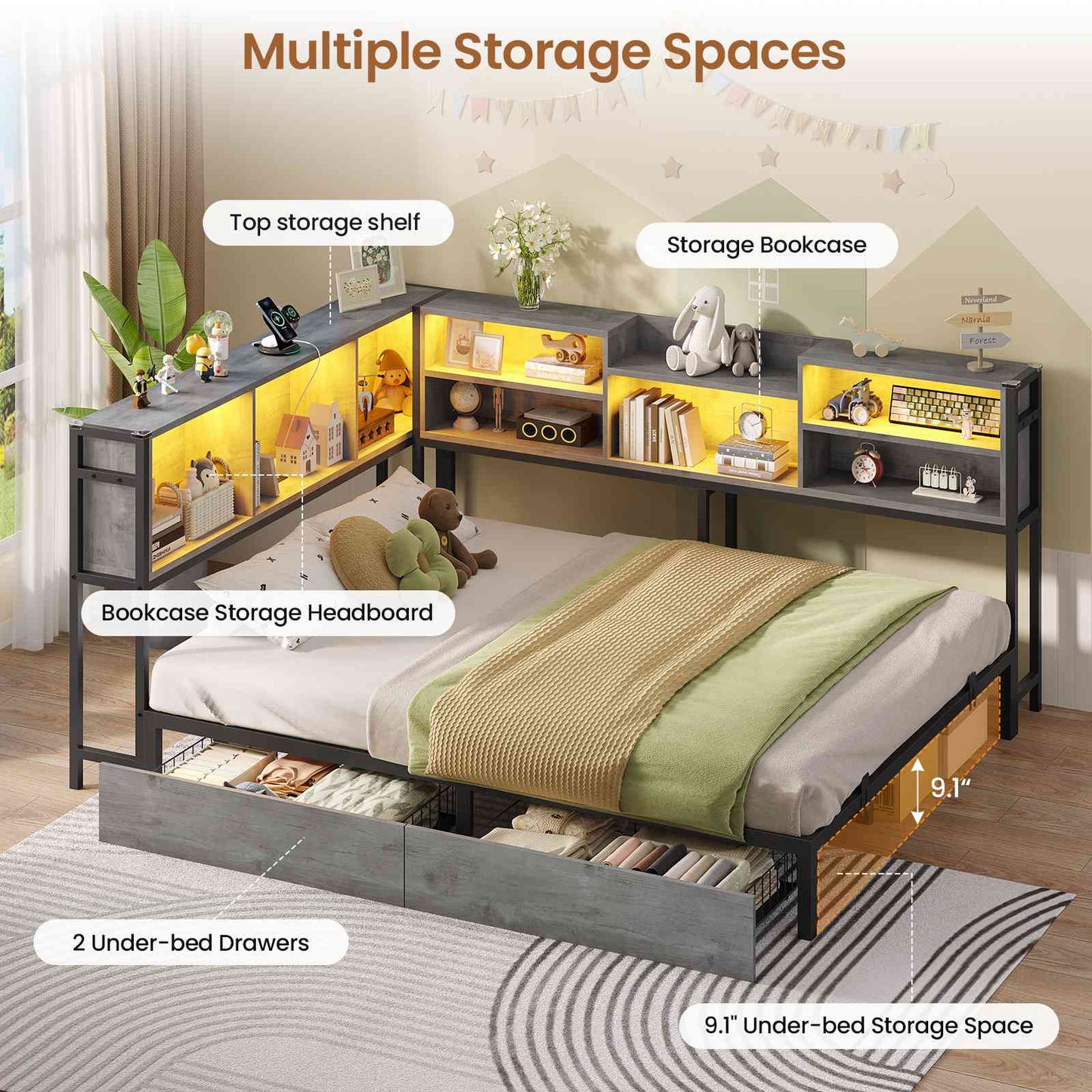 Hasuit | Corner Bed Frame with Storage Bookcase Teenagers Daybed with 2 Underneath Storage Drawers Kids Bed Unit with Charging Station and LED Light Three Sizes Oak Gray