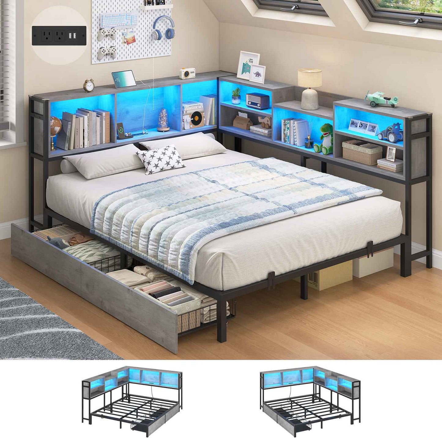 Hasuit | Corner Bed Frame with Storage Bookcase Teenagers Daybed with 2 Underneath Storage Drawers Kids Bed Unit with Charging Station and LED Light Three Sizes Oak Gray