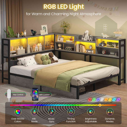 Hasuit | Corner Bed Frame with Storage Bookcase Teenagers Daybed with 2 Underneath Storage Drawers Kids Bed Unit with Charging Station and LED Light Three Sizes Oak Gray