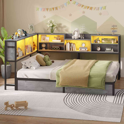 Hasuit | Corner Bed Frame with Storage Bookcase Teenagers Daybed with 2 Underneath Storage Drawers Kids Bed Unit with Charging Station and LED Light Three Sizes Oak Gray