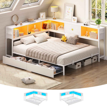 Hasuit | Corner Bed Frame with Storage Drawers and Bookcase Headboard Metal Platform Day Bed with Charging Station and LED Lights White