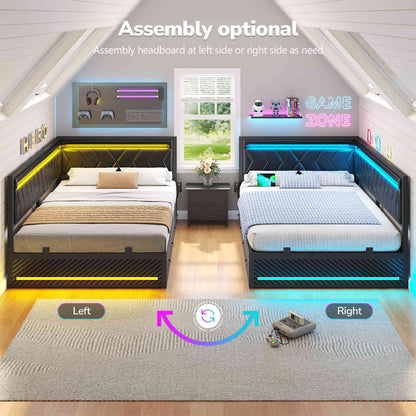 Hasuit | Corner Bed Frame with Storage Drawers and Charging Station Leather Upholstered Daybed with LED Light Esports Style