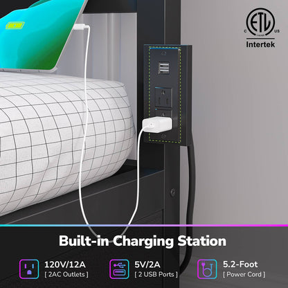 Hasuit | Corner Bed Frame with Storage Drawers and Charging Station Leather Upholstered Daybed with LED Light Esports Style