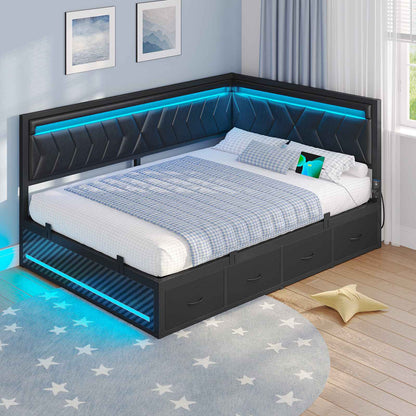 Hasuit | Corner Bed Frame with Storage Drawers and Charging Station Leather Upholstered Daybed with LED Light Esports Style