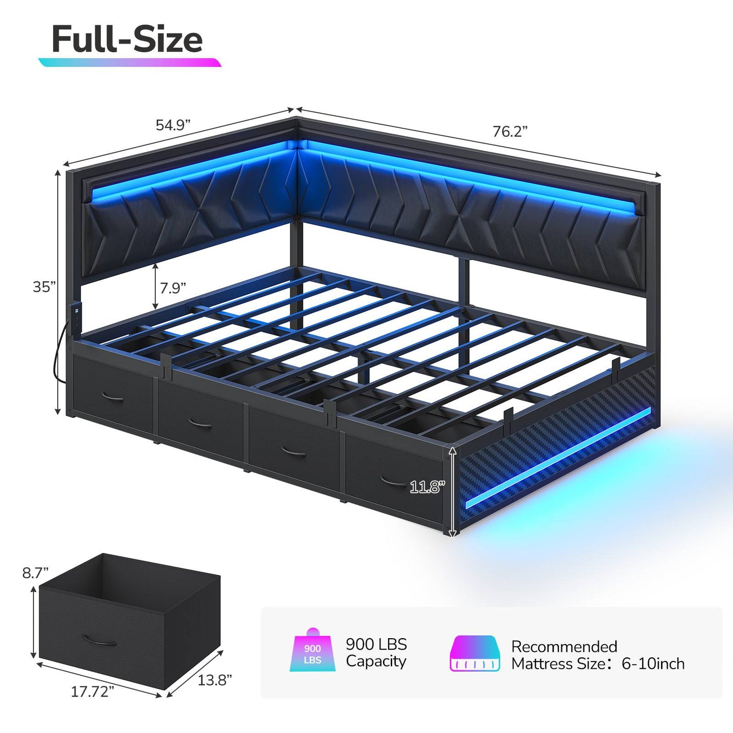 Hasuit | Corner Bed Frame with Storage Drawers and Charging Station Leather Upholstered Daybed with LED Light Esports Style