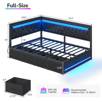 Hasuit | Corner Bed Frame with Storage Drawers and Charging Station Leather Upholstered Daybed with LED Light Esports Style