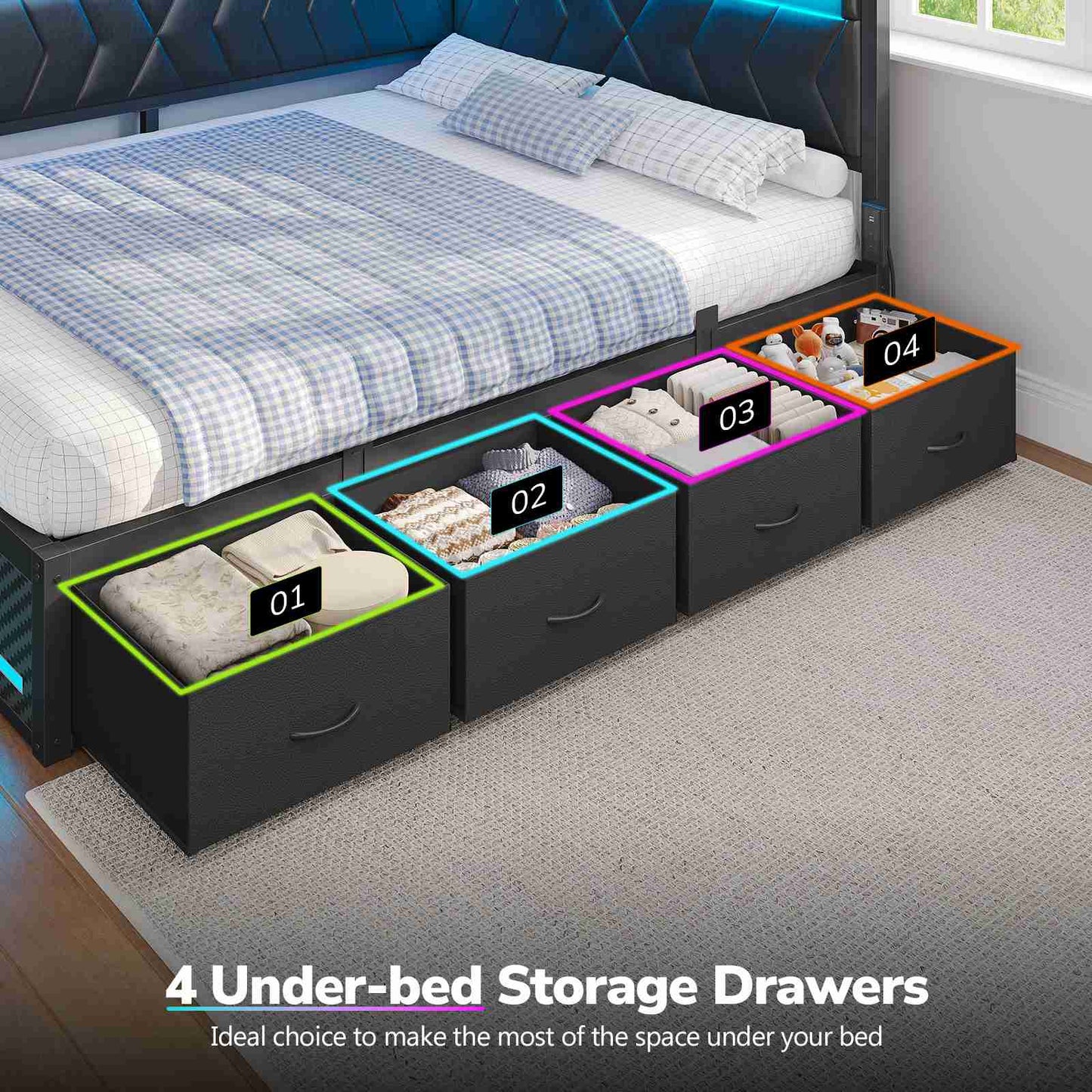 Hasuit | Corner Bed Frame with Storage Drawers and Charging Station Leather Upholstered Daybed with LED Light Esports Style