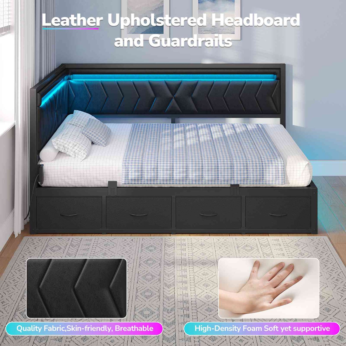 Hasuit | Corner Bed Frame with Storage Drawers and Charging Station Leather Upholstered Daybed with LED Light Esports Style