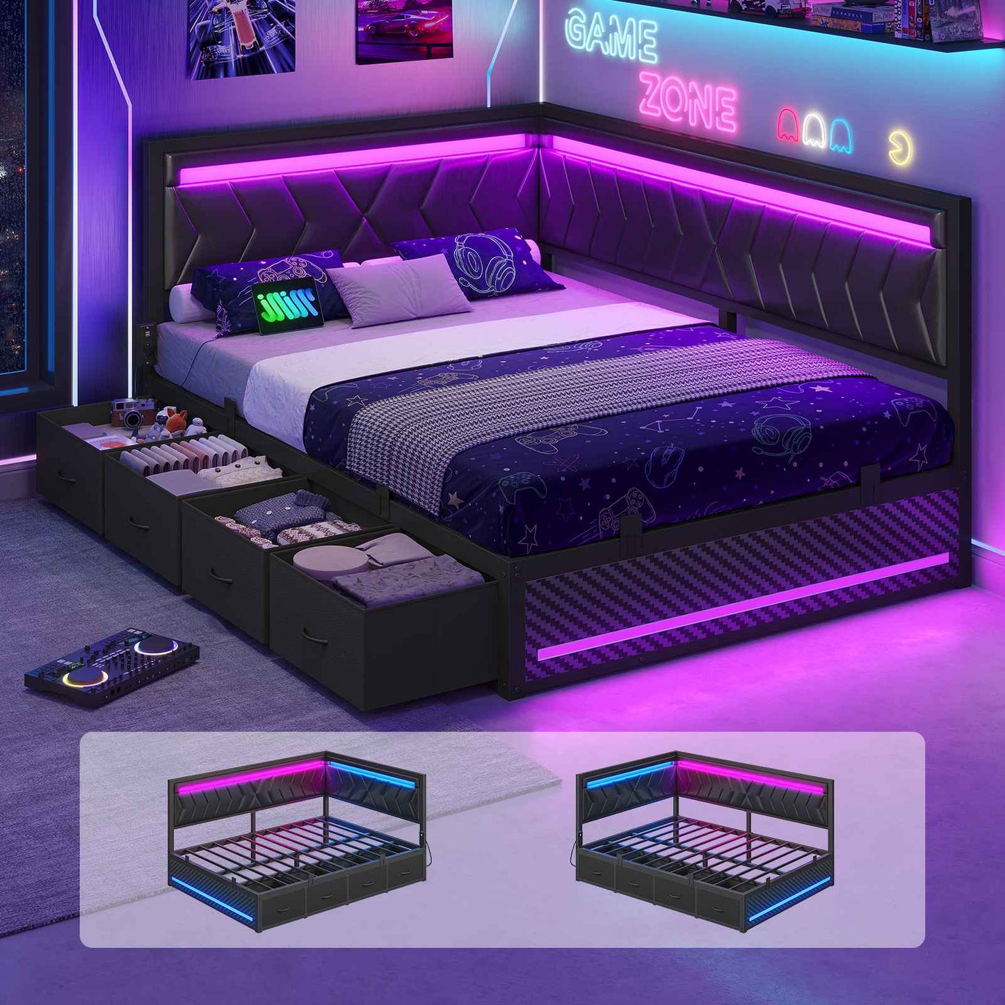 Hasuit | Corner Bed Frame with Storage Drawers and Charging Station Leather Upholstered Daybed with LED Light Esports Style