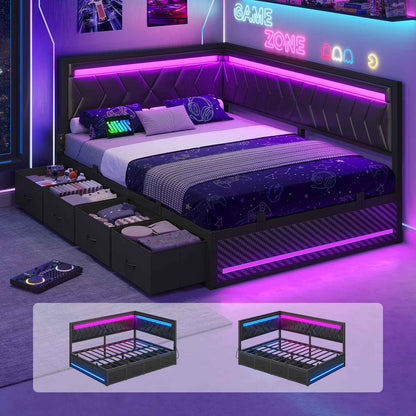 Hasuit | Corner Bed Frame with Storage Drawers and Charging Station Leather Upholstered Daybed with LED Light Esports Style