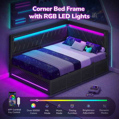Hasuit | Corner Bed Frame with Storage Drawers and Charging Station Leather Upholstered Daybed with LED Light Esports Style