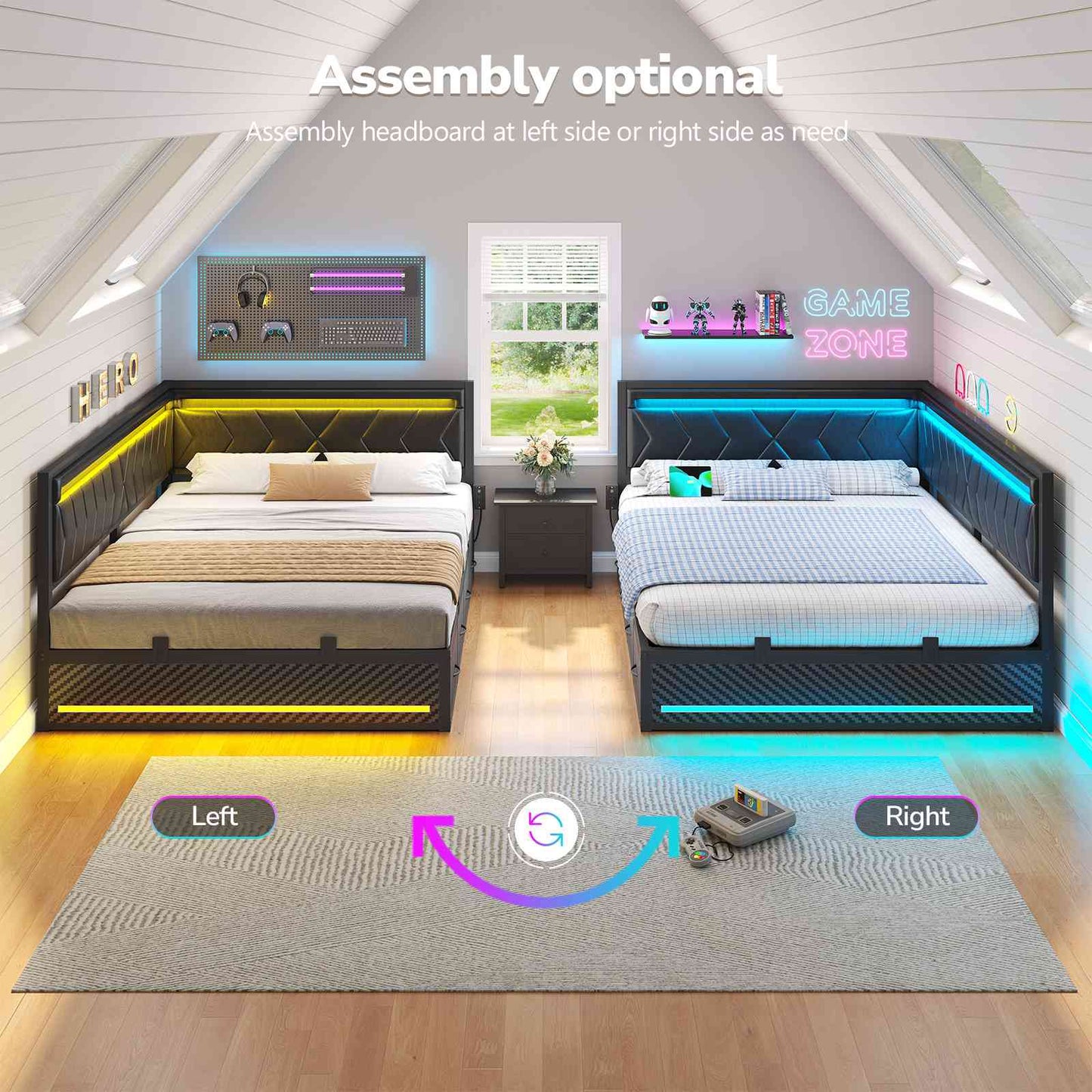 Hasuit | Corner Bed Frame with Storage Drawers and Charging Station Leather Upholstered Daybed with LED Light Esports Style