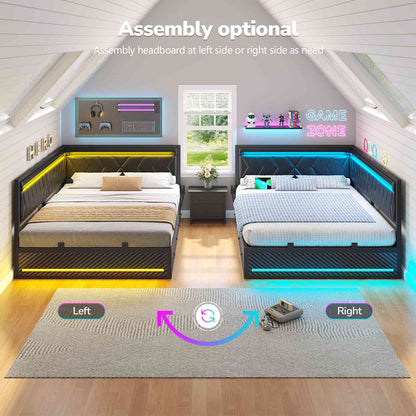 Hasuit | Corner Bed Frame with Storage Drawers and Charging Station Leather Upholstered Daybed with LED Light Esports Style