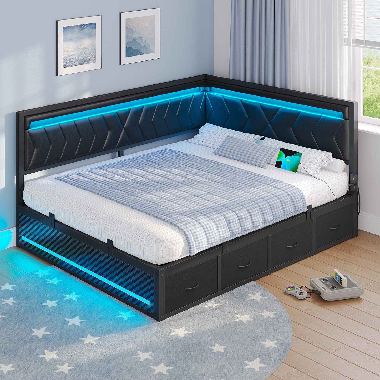 Hasuit | Corner Bed Frame with Storage Drawers and Charging Station Leather Upholstered Daybed with LED Light Esports Style