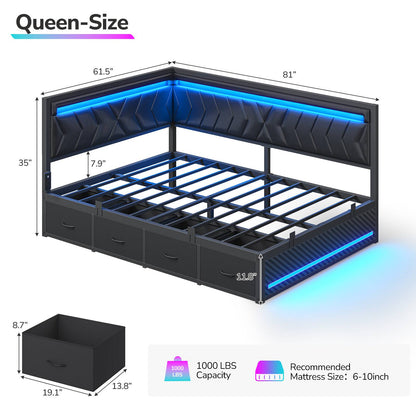 Hasuit | Corner Bed Frame with Storage Drawers and Charging Station Leather Upholstered Daybed with LED Light Esports Style