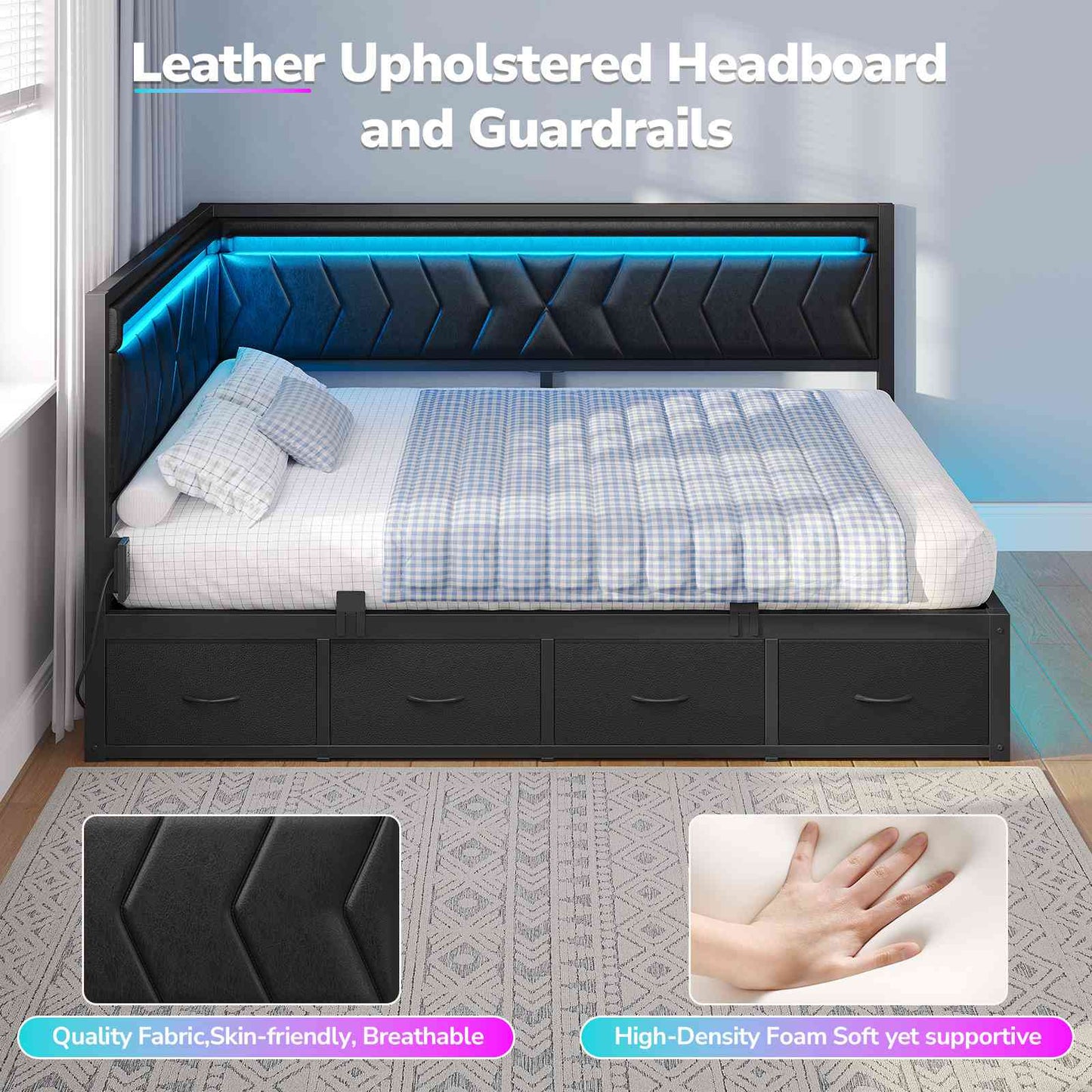 Hasuit | Corner Bed Frame with Storage Drawers and Charging Station Leather Upholstered Daybed with LED Light Esports Style