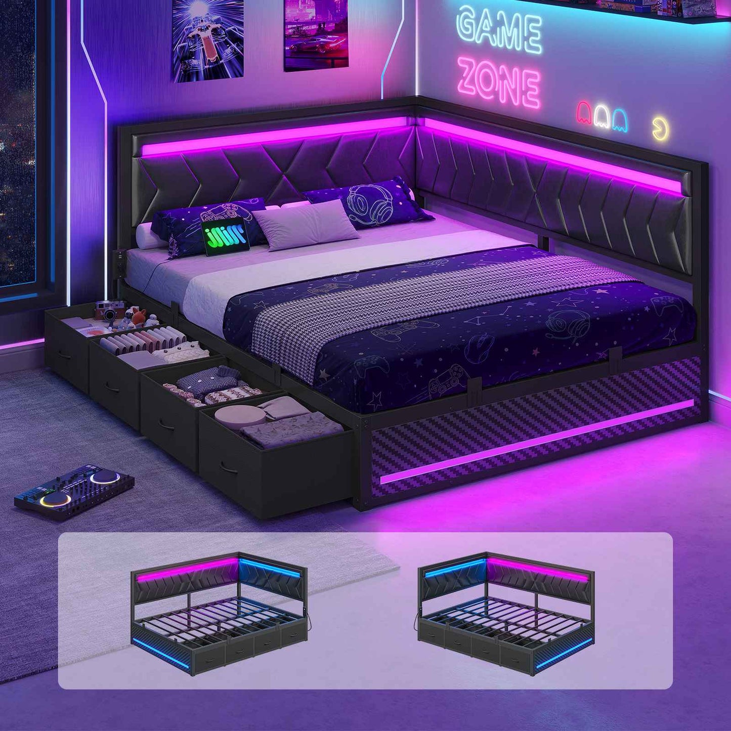 Hasuit | Corner Bed Frame with Storage Drawers and Charging Station Leather Upholstered Daybed with LED Light Esports Style