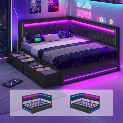 Hasuit | Corner Bed Frame with Storage Drawers and Charging Station Leather Upholstered Daybed with LED Light Esports Style