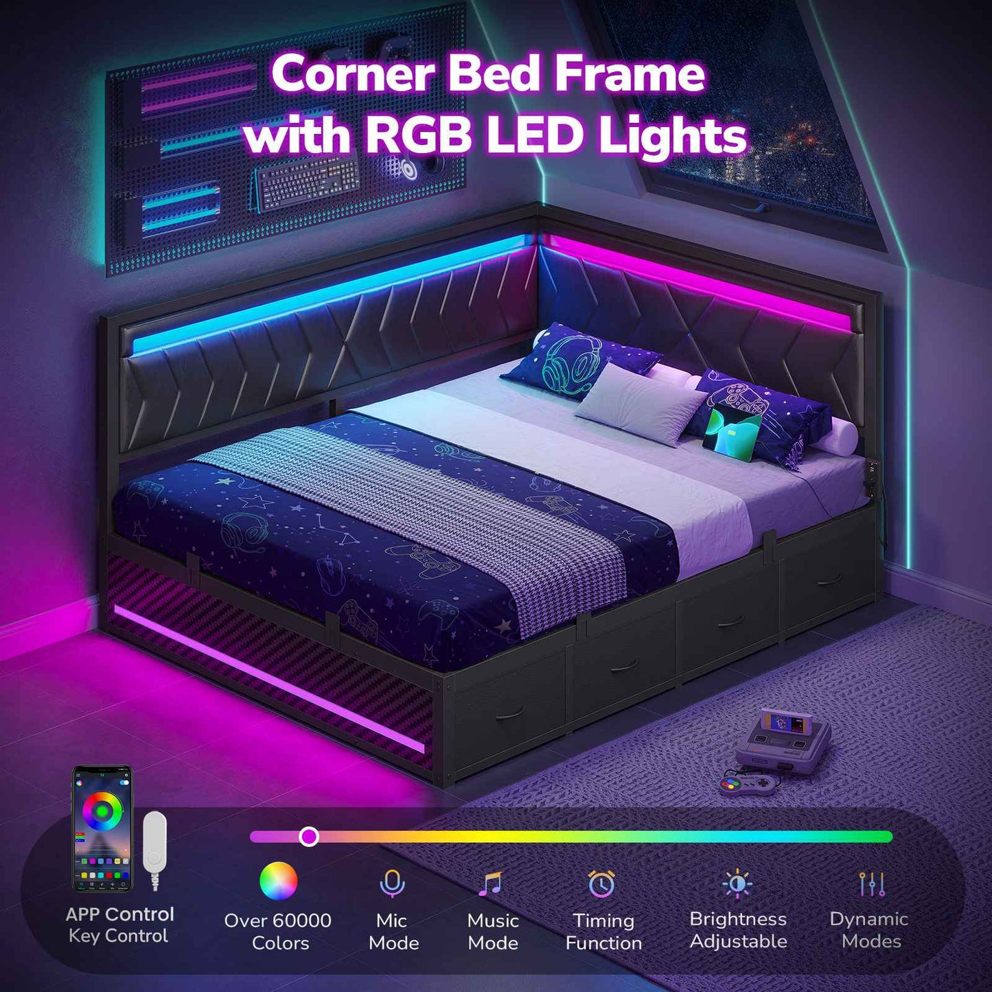 Hasuit | Corner Bed Frame with Storage Drawers and Charging Station Leather Upholstered Daybed with LED Light Esports Style