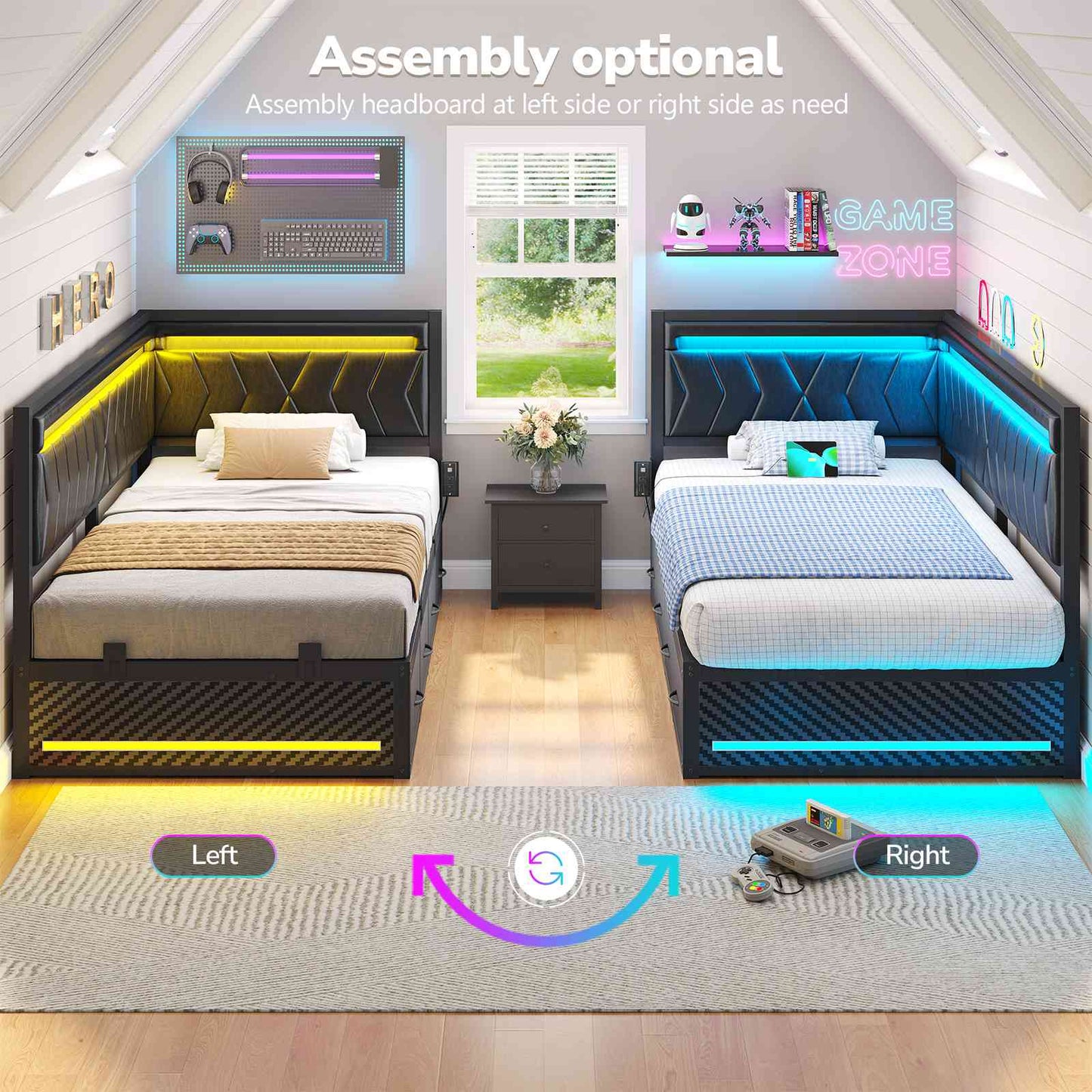 Hasuit | Corner Bed Frame with Storage Drawers and Charging Station Leather Upholstered Daybed with LED Light Esports Style