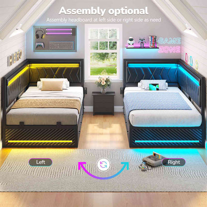 Hasuit | Corner Bed Frame with Storage Drawers and Charging Station Leather Upholstered Daybed with LED Light Esports Style