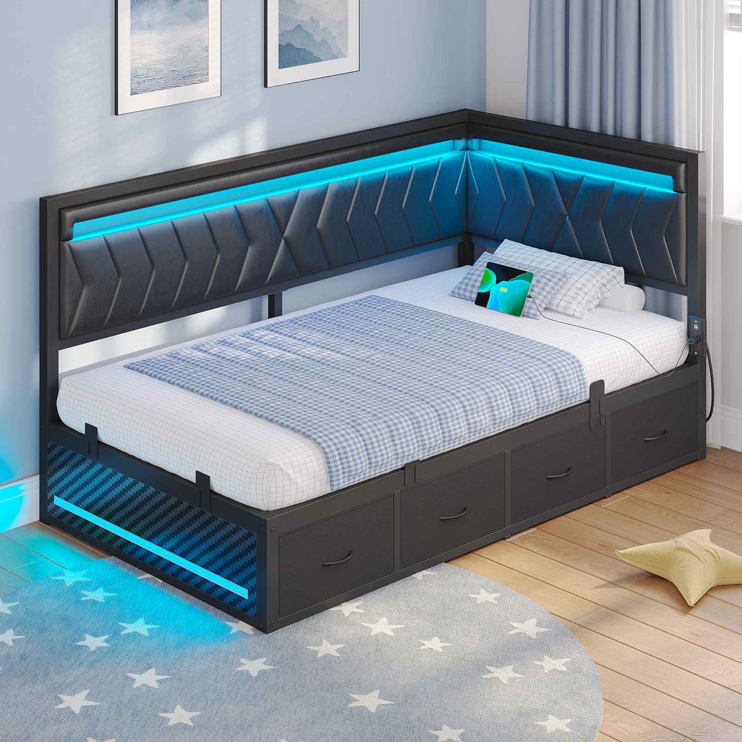 Hasuit | Corner Bed Frame with Storage Drawers and Charging Station Leather Upholstered Daybed with LED Light Esports Style