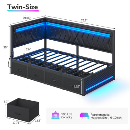 Hasuit | Corner Bed Frame with Storage Drawers and Charging Station Leather Upholstered Daybed with LED Light Esports Style