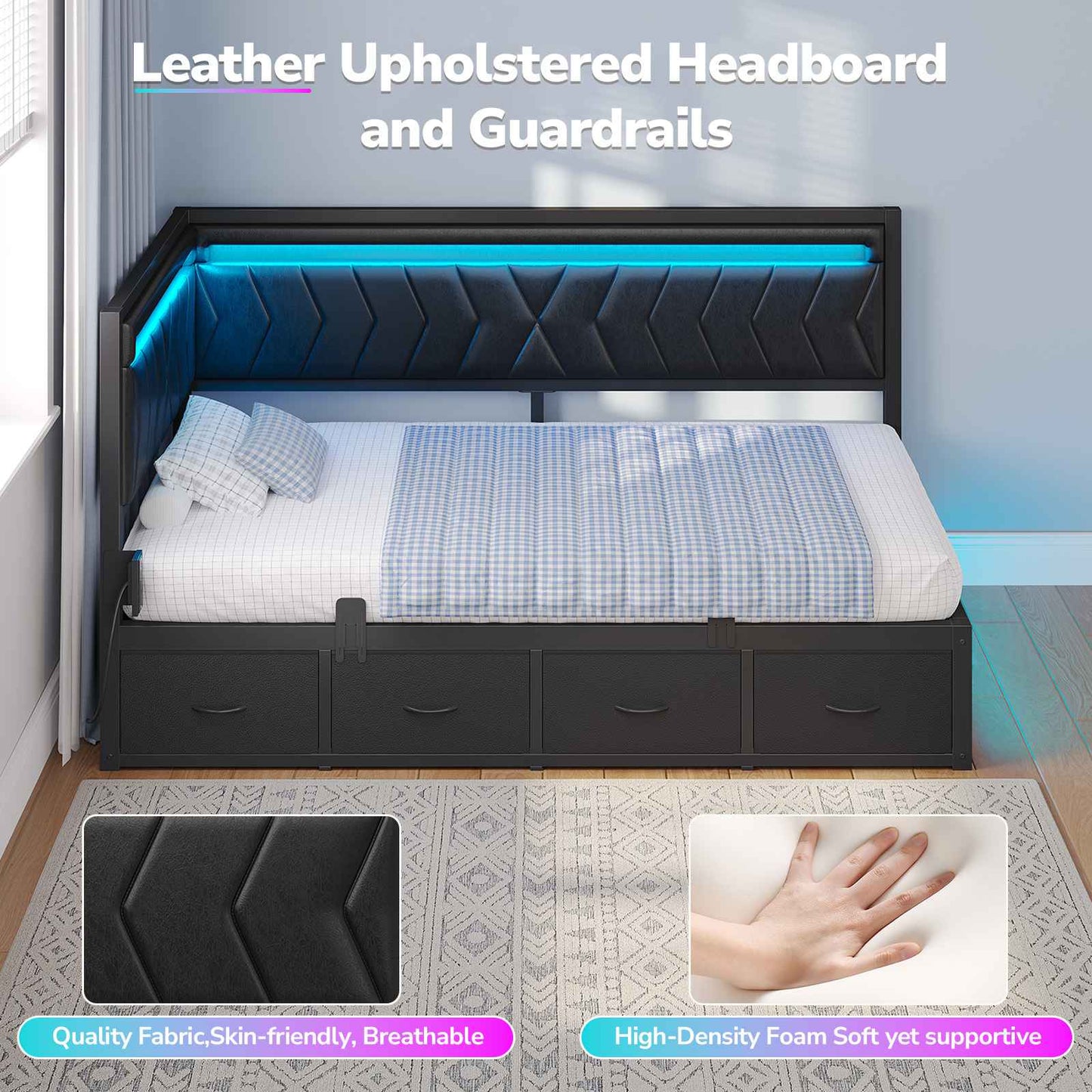 Hasuit | Corner Bed Frame with Storage Drawers and Charging Station Leather Upholstered Daybed with LED Light Esports Style
