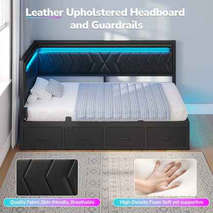Hasuit | Corner Bed Frame with Storage Drawers and Charging Station Leather Upholstered Daybed with LED Light Esports Style