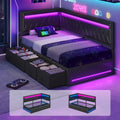 Hasuit | Corner Bed Frame with Storage Drawers and Charging Station Leather Upholstered Daybed with LED Light Esports Style