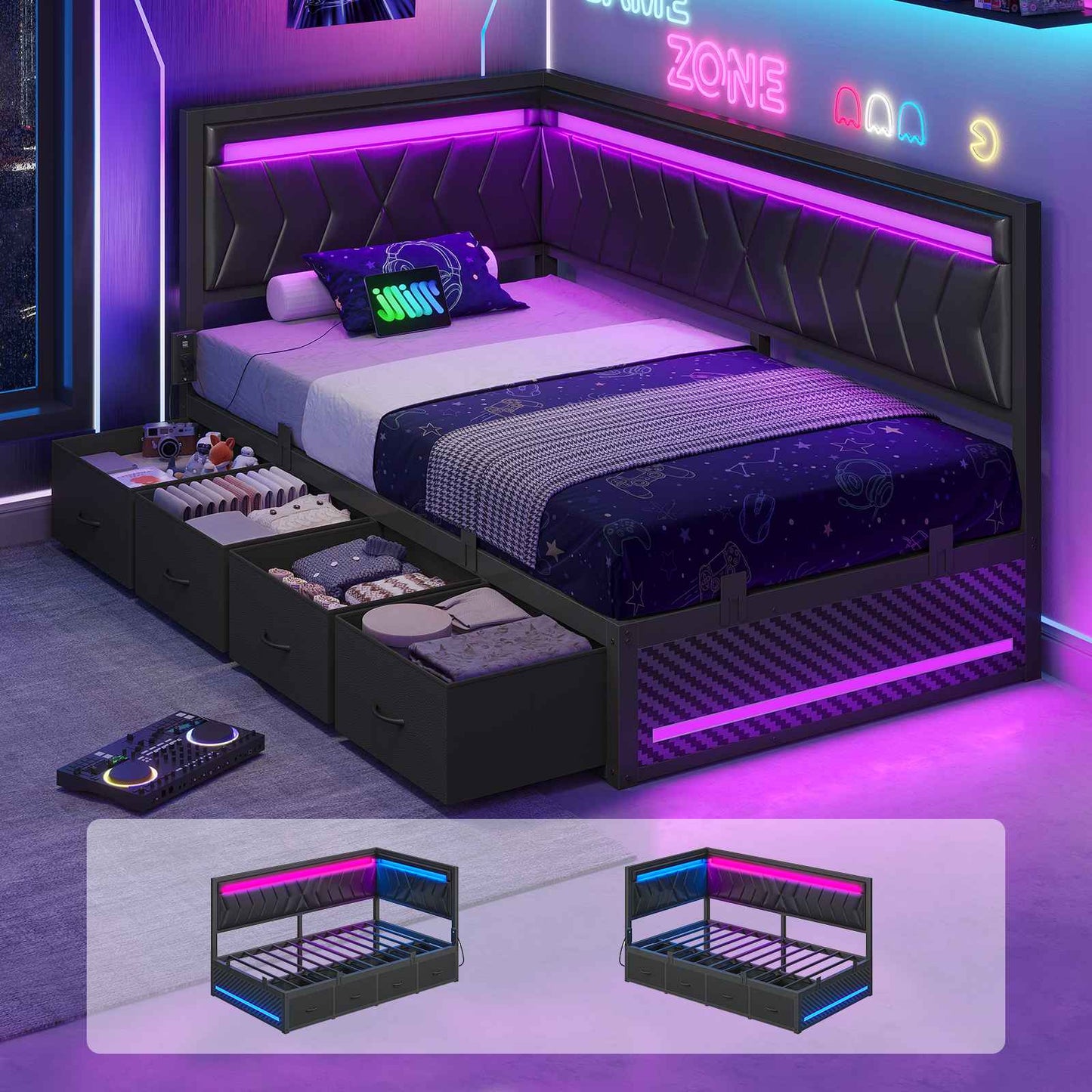 Hasuit | Corner Bed Frame with Storage Drawers and Charging Station Leather Upholstered Daybed with LED Light Esports Style