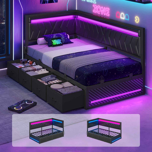 Hasuit | Corner Bed Frame with Storage Drawers and Charging Station Leather Upholstered Daybed with LED Light Esports Style