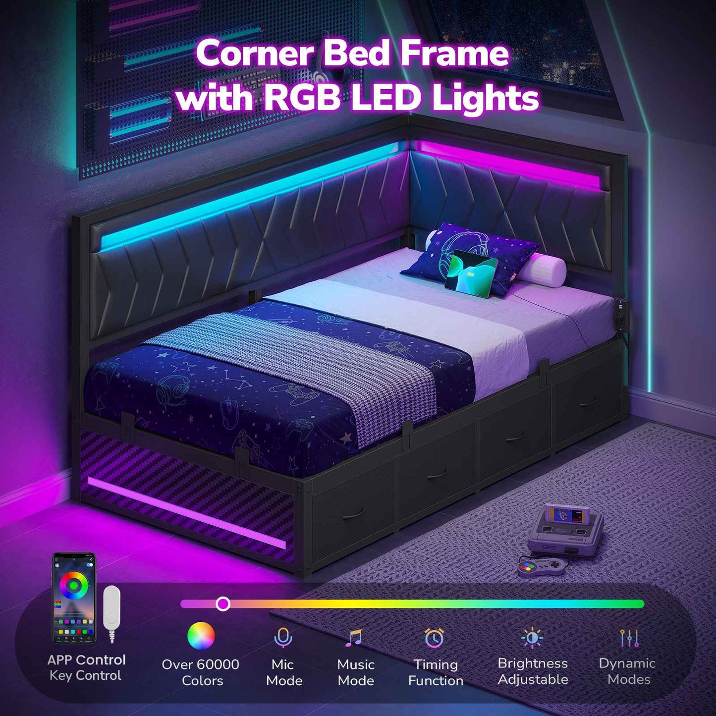 Hasuit | Corner Bed Frame with Storage Drawers and Charging Station Leather Upholstered Daybed with LED Light Esports Style