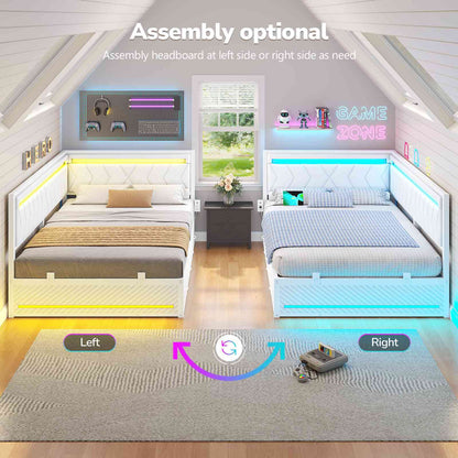 Hasuit | Corner Bed Frame with Storage Drawers and Charging Station Leather Upholstered Daybed with LED Light Esports Style