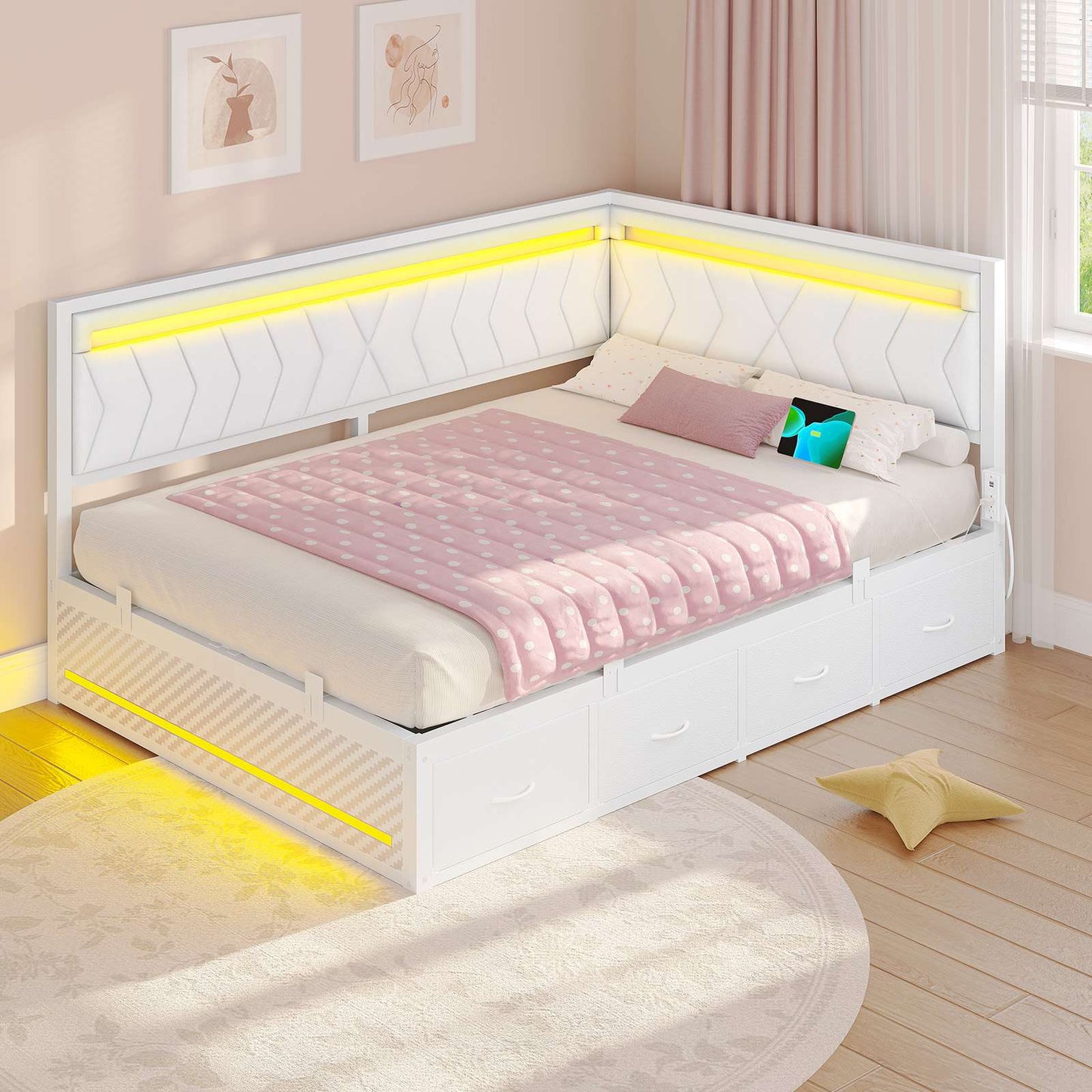 Hasuit | Corner Bed Frame with Storage Drawers and Charging Station Leather Upholstered Daybed with LED Light Esports Style