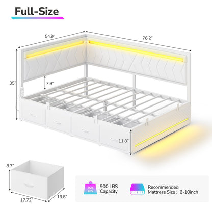 Hasuit | Corner Bed Frame with Storage Drawers and Charging Station Leather Upholstered Daybed with LED Light Esports Style