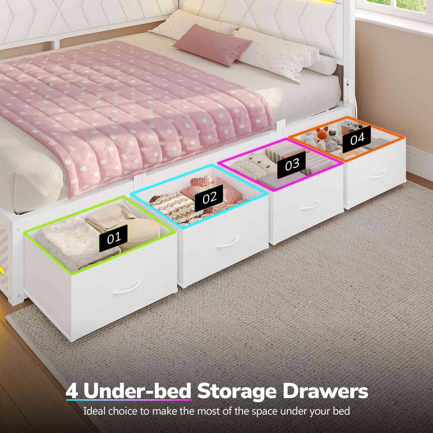 Hasuit | Corner Bed Frame with Storage Drawers and Charging Station Leather Upholstered Daybed with LED Light Esports Style