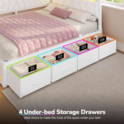 Hasuit | Corner Bed Frame with Storage Drawers and Charging Station Leather Upholstered Daybed with LED Light Esports Style