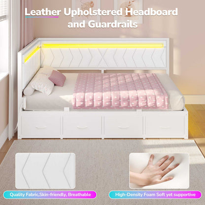 Hasuit | Corner Bed Frame with Storage Drawers and Charging Station Leather Upholstered Daybed with LED Light Esports Style