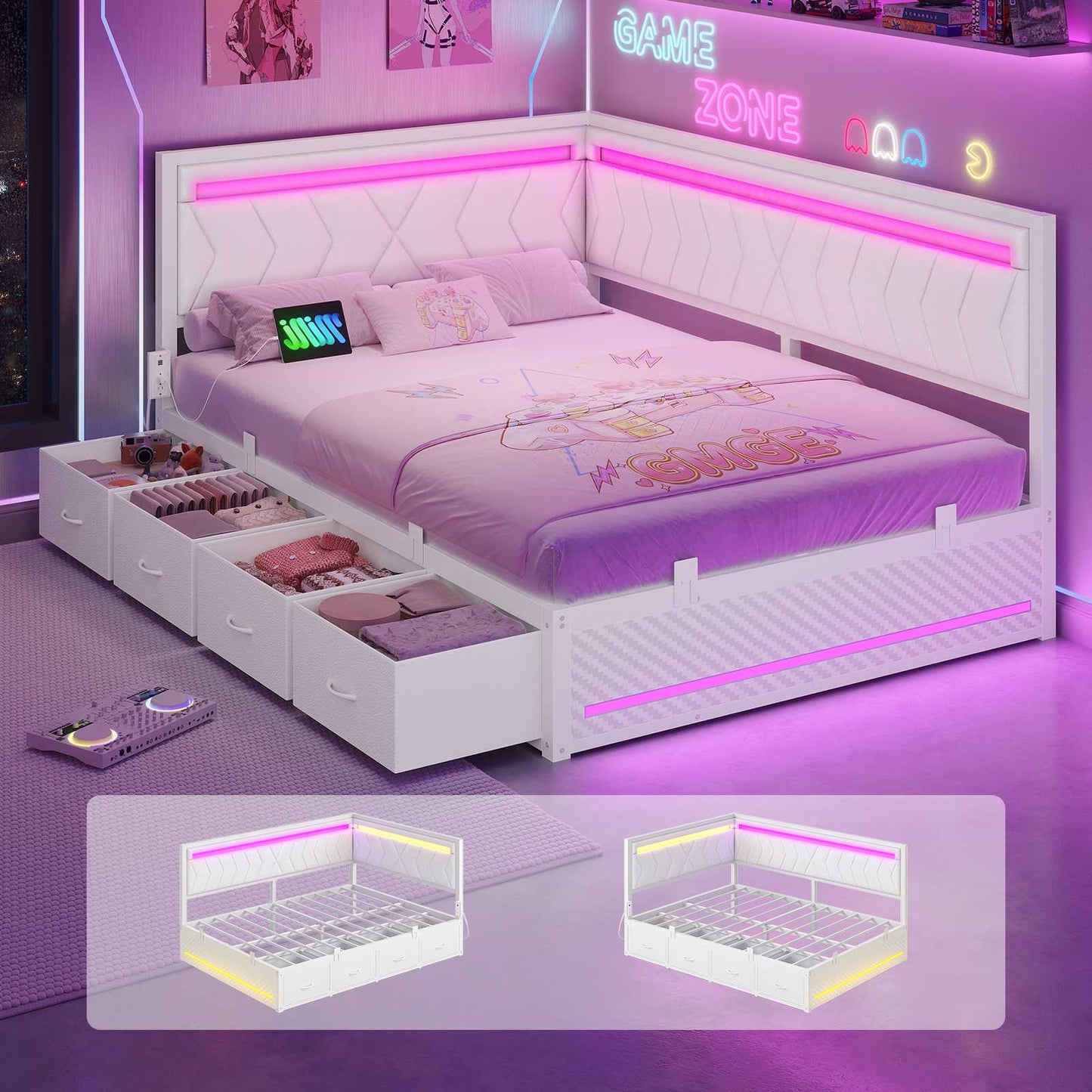 Hasuit | Corner Bed Frame with Storage Drawers and Charging Station Leather Upholstered Daybed with LED Light Esports Style