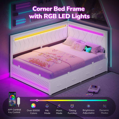 Hasuit | Corner Bed Frame with Storage Drawers and Charging Station Leather Upholstered Daybed with LED Light Esports Style