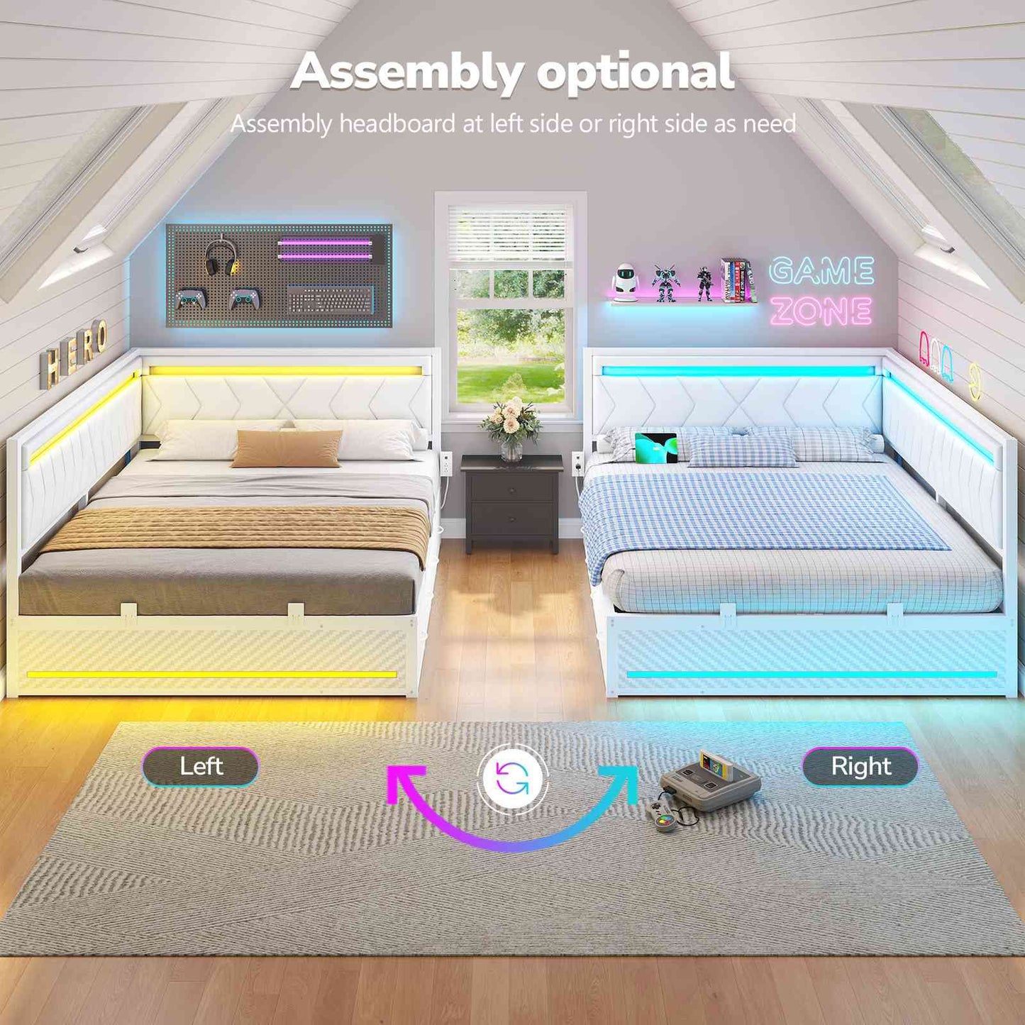 Hasuit | Corner Bed Frame with Storage Drawers and Charging Station Leather Upholstered Daybed with LED Light Esports Style